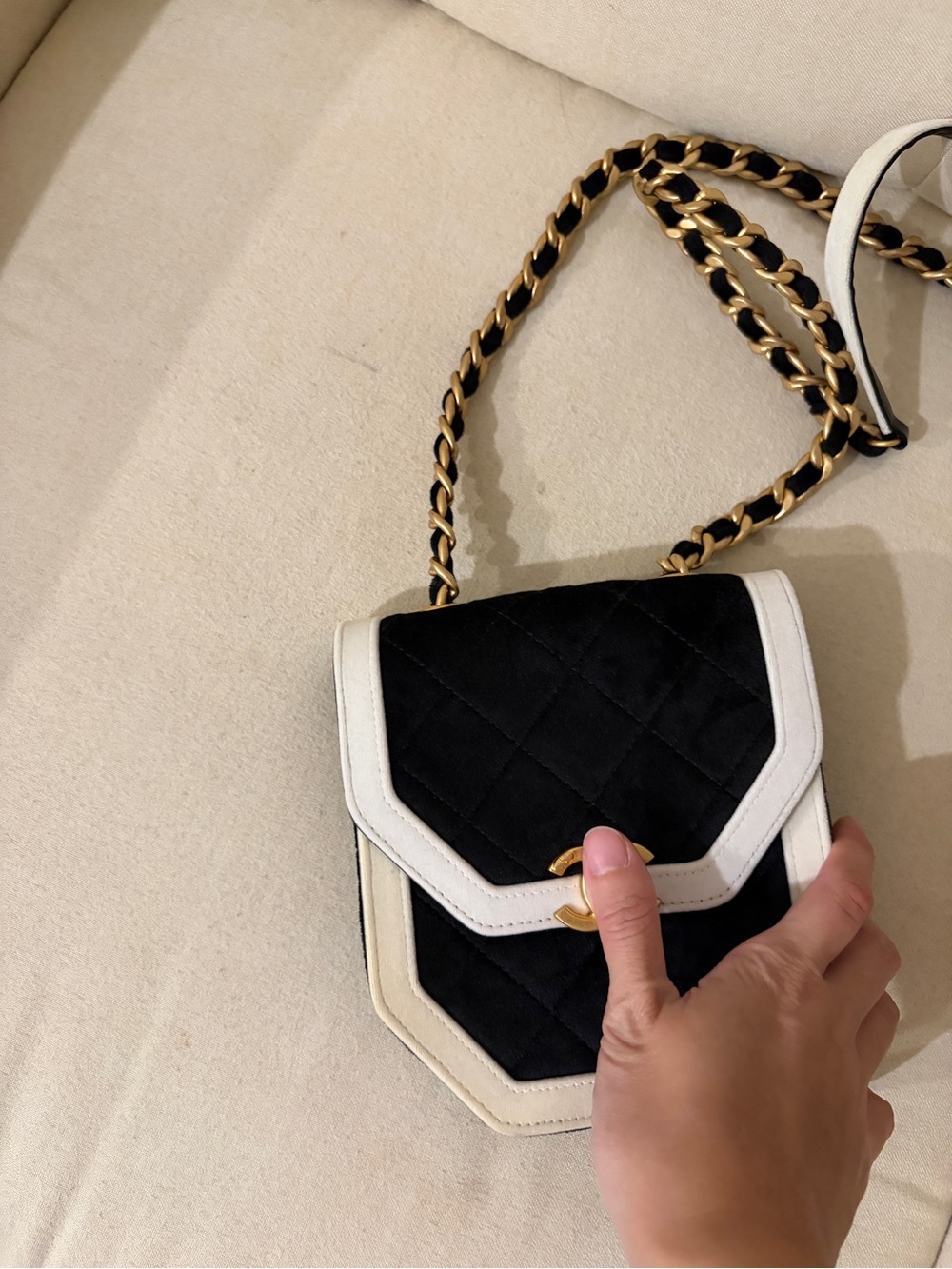 Black and White Quilted Chain-Handle Crossbody Bag